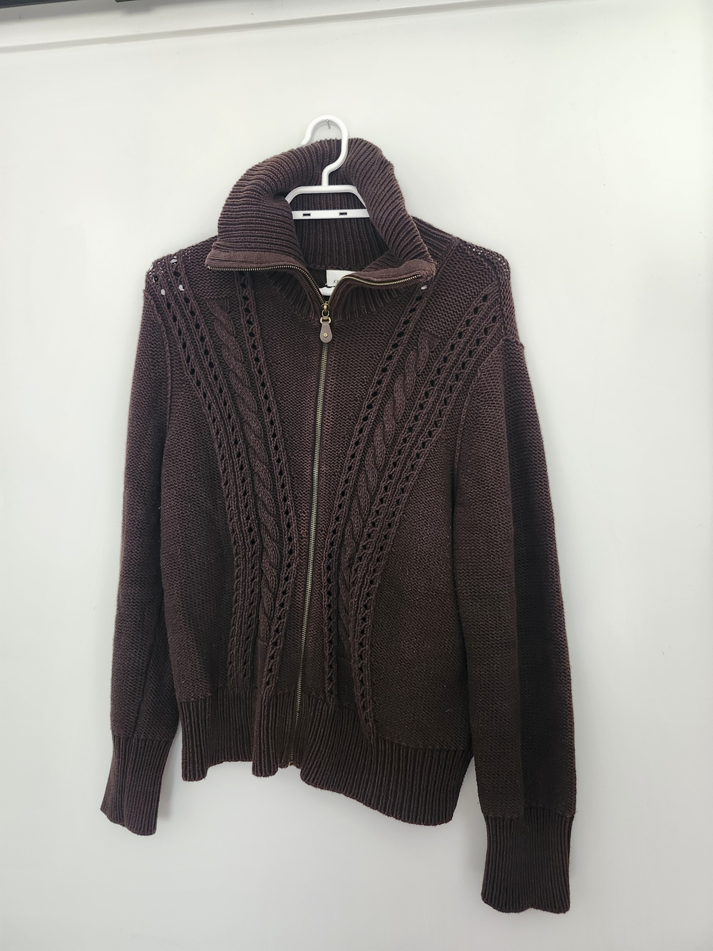 Jones New York Brown Cable Knit Zip Up Cardigan XL Slouchy Neck | Fall Cozy
